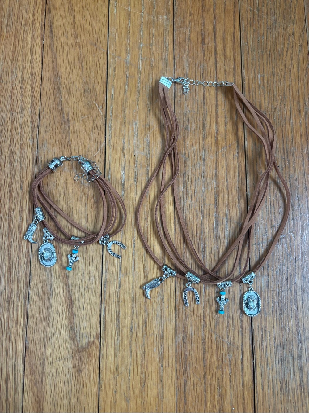 Brown Multi-Strand Faux Suede and Silver charm Necklace and Bracelet Set